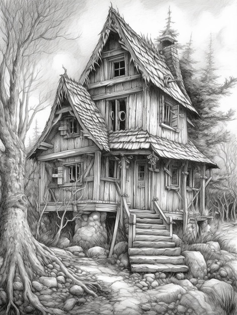 dessin au crayon d'une maison dans les bois avec un arbre ai génératif