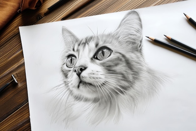 Dessin au crayon d'un mignon chat sur une feuille de papier portrait photoréaliste d'un animal de compagnie illustration d'animal peint sur fond blanc concept de conception de l'art de l'animal de compagnie table croquis de la nature