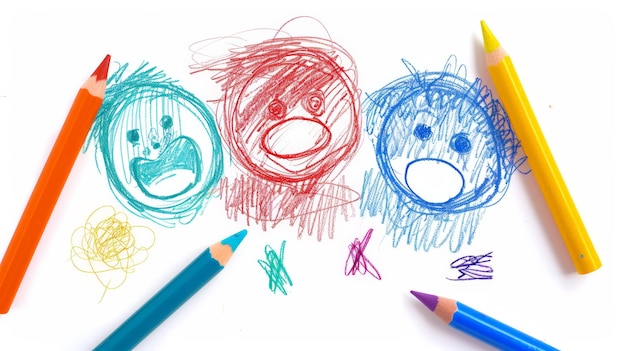 Photo dessin au crayon naïf d'un enfant représentant des émotions ia générative