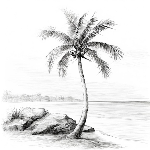 Photo dessin au crayon d'un seul cocotier mignon image d'une ia générative