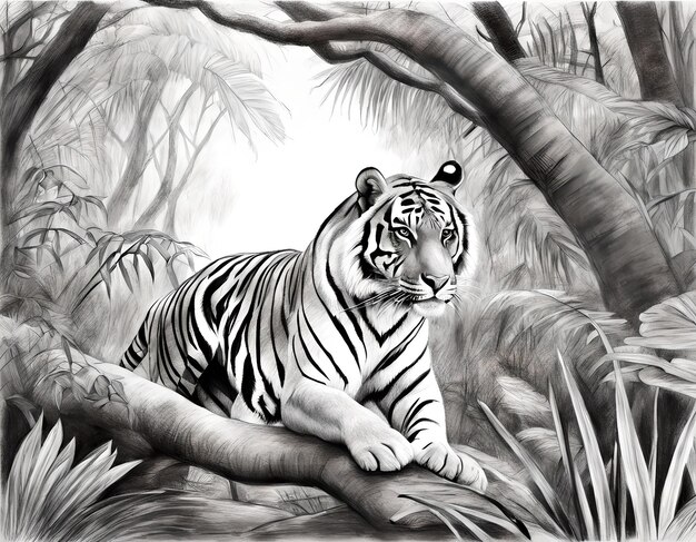 Un dessin au crayon d'un tigre dans la jungle