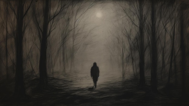 Un dessin au crayon d'un vagabond dans la brume de la nuit
