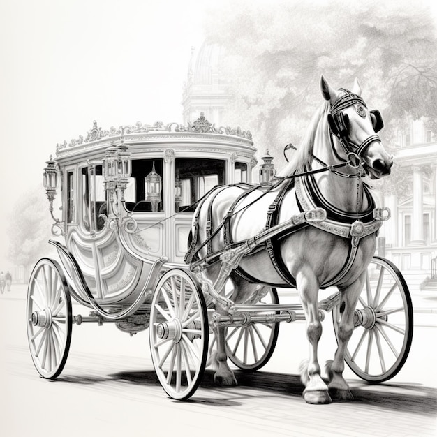 Dessin au crayon d'une voiture de chevaux royale Image d'IA générative