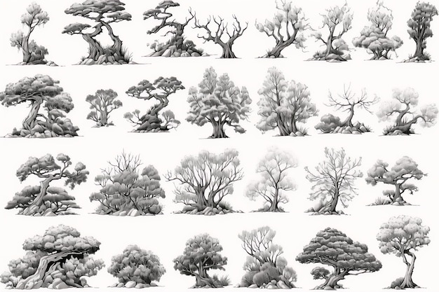 Photo dessin au trait d'arbre cad de style minimal vue latérale ensemble d'éléments d'arbres graphiques printemps