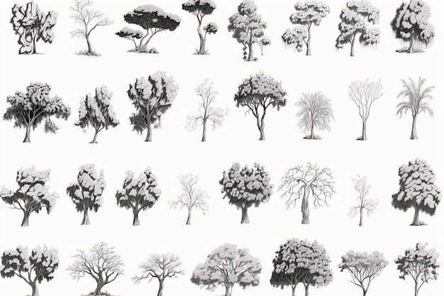 Dessin au trait d'arbre cad de style minimal Vue latérale ensemble d'éléments d'arbres graphiques printemps