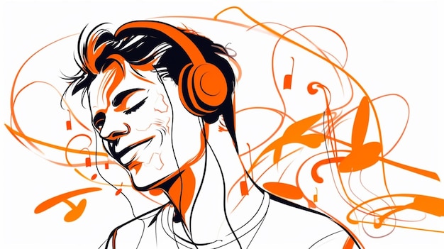 dessin au trait continu à dessin unique écoutant de la musique avec un casque filaire