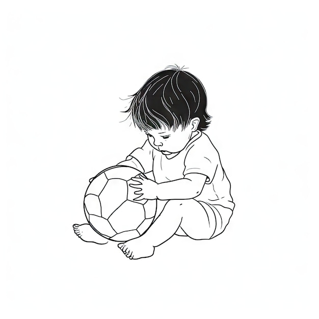 Dessin au trait continu minimaliste de bébé fille jouant avec le ballon