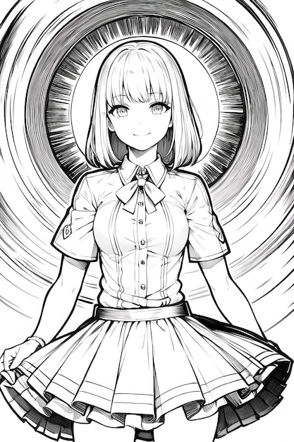 Dessin au trait de couleur unie noir et blanc anime mignon dessin animé fille personnage illustration fond