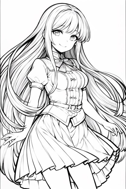 Dessin au trait de couleur unie noir et blanc anime mignon dessin animé fille personnage illustration fond