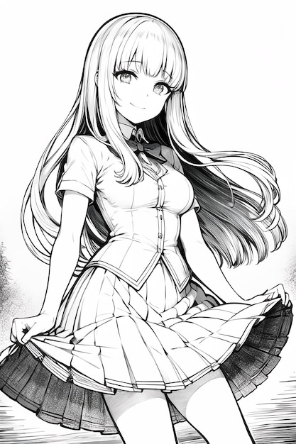 Dessin au trait de couleur unie noir et blanc anime mignon dessin animé fille personnage illustration fond