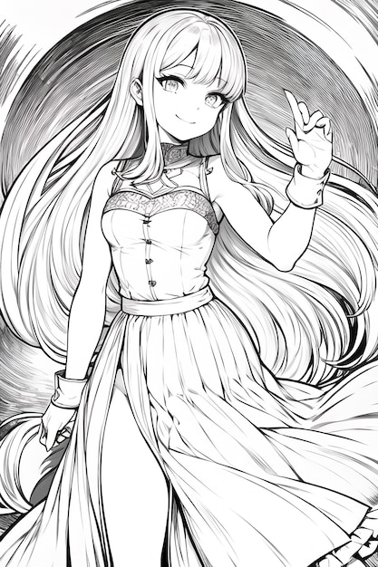 Dessin au trait de couleur unie noir et blanc anime mignon dessin animé fille personnage illustration fond