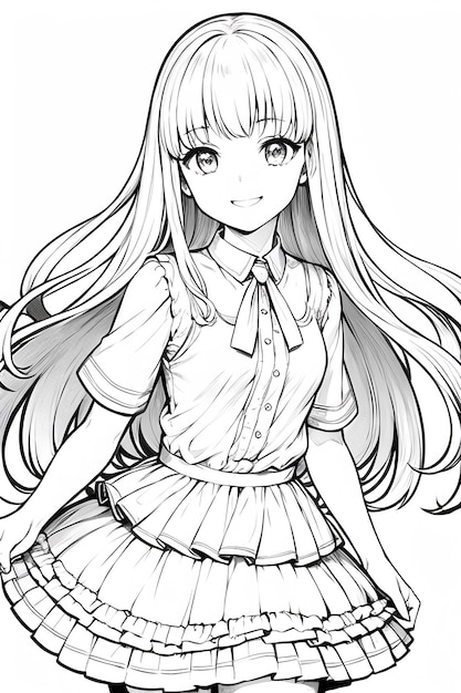 Dessin au trait de couleur unie noir et blanc anime mignon dessin animé fille personnage illustration fond