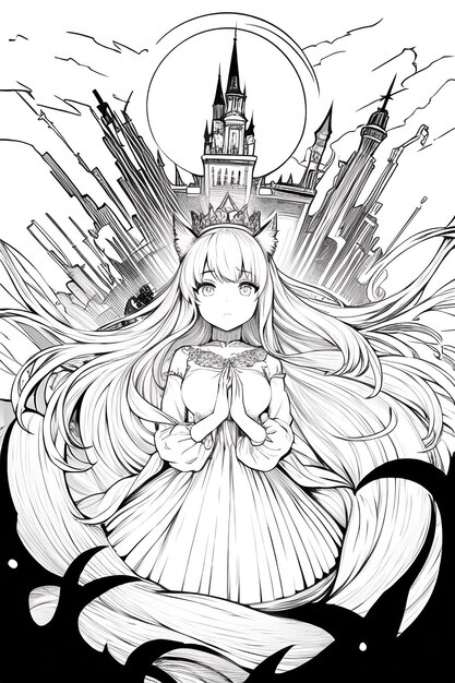 Dessin au trait de couleur unie noir et blanc anime mignon dessin animé fille personnage illustration fond