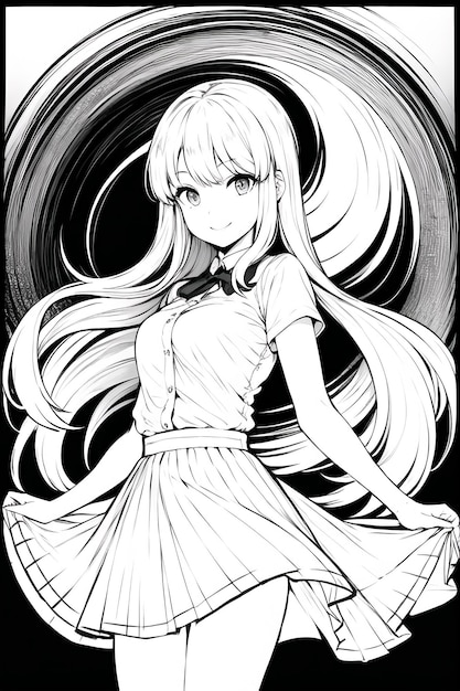 Dessin au trait de couleur unie noir et blanc anime mignon dessin animé fille personnage illustration fond