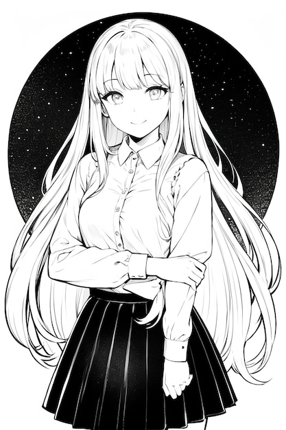 Dessin au trait de couleur unie noir et blanc anime mignon dessin animé fille personnage illustration fond