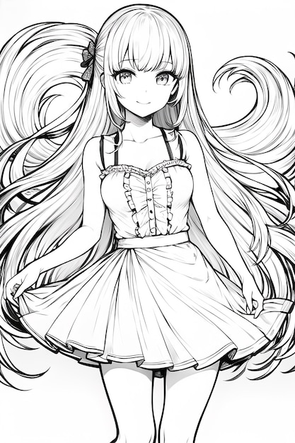 Dessin au trait de couleur unie noir et blanc anime mignon dessin animé fille personnage illustration fond