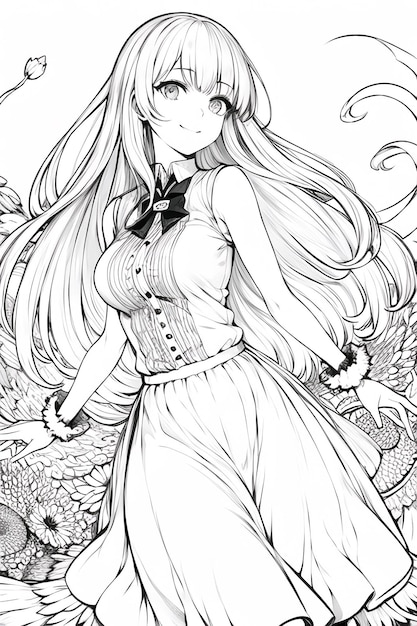 Dessin au trait de couleur unie noir et blanc anime mignon dessin animé fille personnage illustration fond