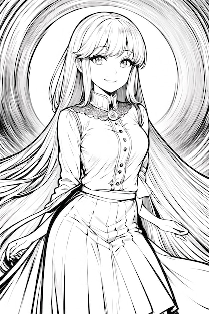 Dessin au trait de couleur unie noir et blanc anime mignon dessin animé fille personnage illustration fond