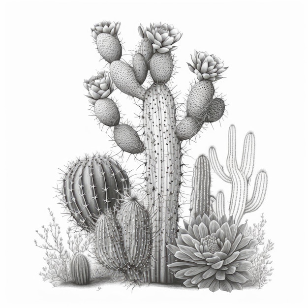 Dessin au trait de fond blanc de cactus Fabriqué par AIIntelligence artificielle