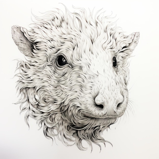 Dessin au trait hyperréaliste d’un mouton aux cheveux bouclés