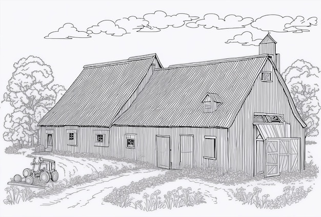 dessin au trait sur noir et blanc du livre de coloriage de fermier et de grange pour les tout-petits