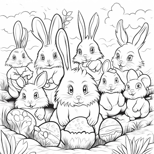 Un dessin au trait noir et blanc d'un groupe de lapins avec des oeufs de pâques dans un champ.