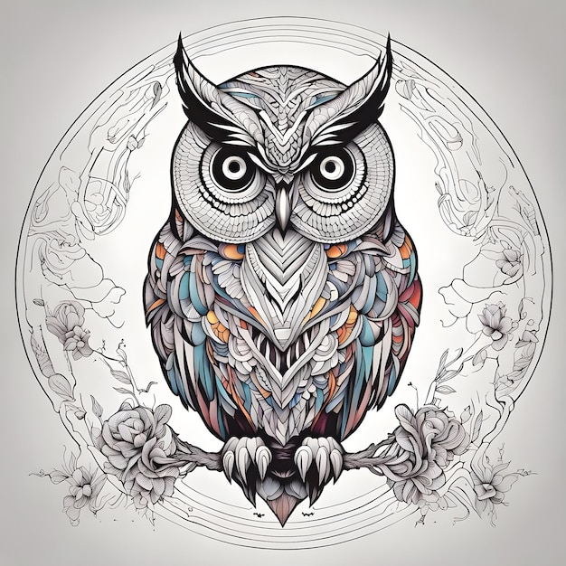 Dessin au trait noir et blanc illustration de tatouage d'un hibou avec de grands yeux et des détails fins en blanc