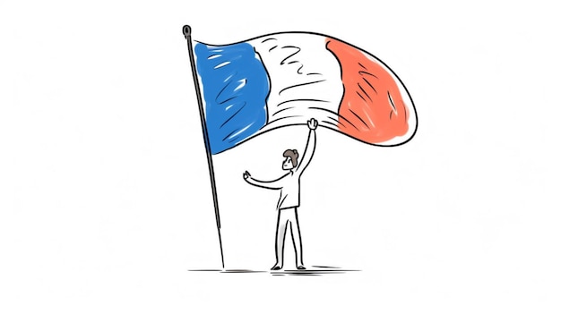 Un dessin au trait d'une personne tenant un drapeau drapeau France