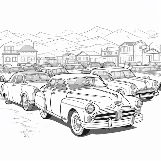 Un dessin au trait de voitures devant une montagne
