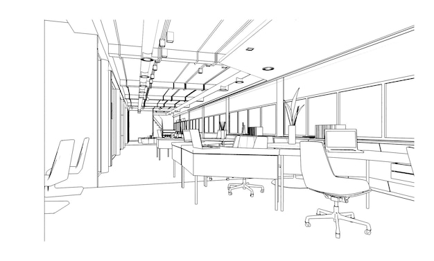 Dessin au trait de la zone de bureauDesign moderneRendu 3d