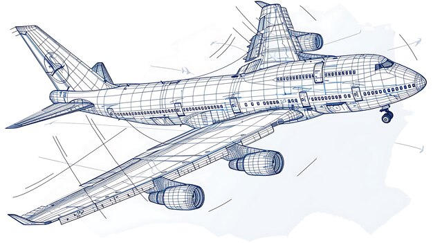 Photo un dessin d'un avion avec des lignes bleues dessinées dessus