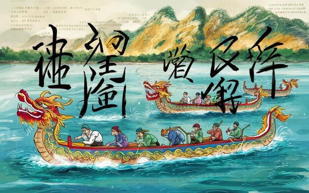 un dessin d'un bateau avec un dragon et des écritures chinoises dessus