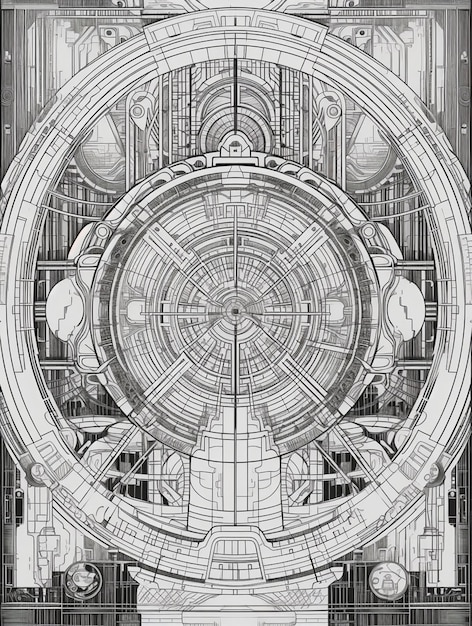 Un dessin d'un bâtiment avec un dessin circulaire qui dit "le mot" dessus