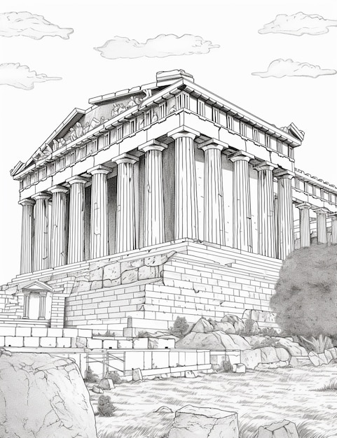 un dessin d'un bâtiment avec une grande colonne sur le dessus