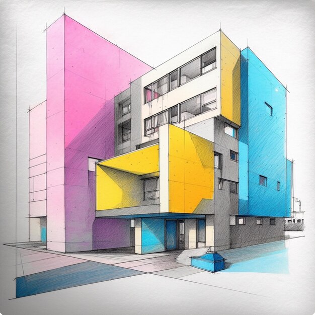 Photo dessin d'un bâtiment multicolore avec un toit bleu et jaune génératif ai