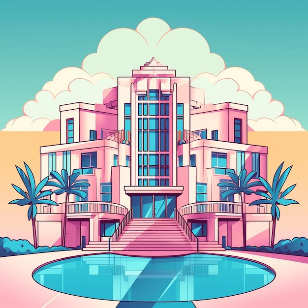 un dessin d'un bâtiment avec des palmiers et un bâtiment avec une piscine bleue en arrière-plan.