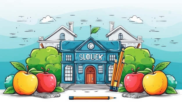 Un dessin d'un bâtiment scolaire avec un crayon et des pommes.