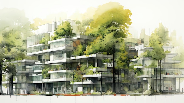 un dessin d'un bâtiment vert à côté d'arbres dans le style de Mark Lague