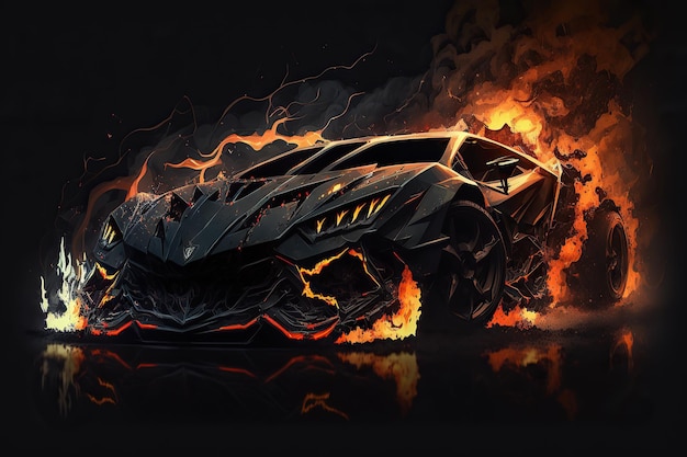 Un dessin d'une batmobile avec des flammes en arrière-plan.