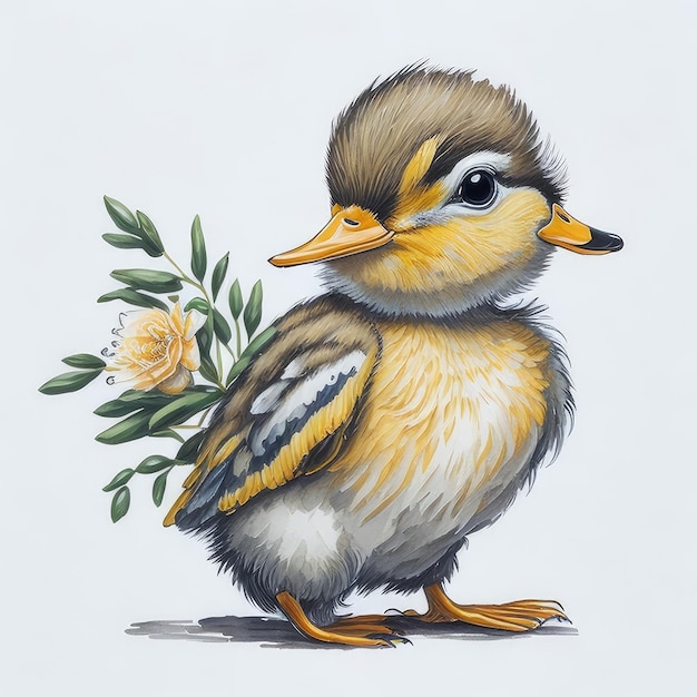 Un dessin d'un bébé canard avec une fleur jaune dessus.