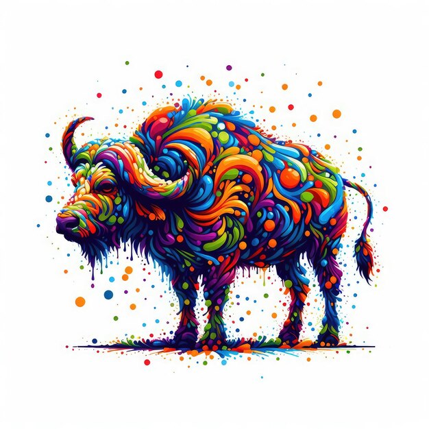 un dessin d'un bison avec des taches colorées et colorées