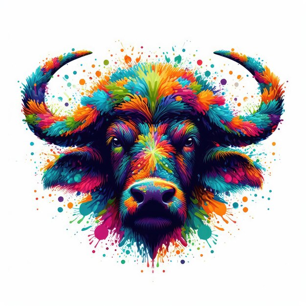 un dessin d'un bison avec des taches colorées et colorées