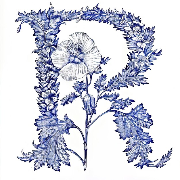 Un dessin bleu et blanc d'une fleur