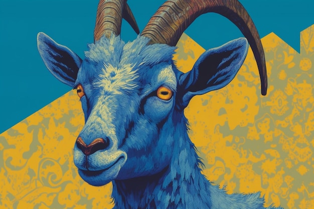 Un dessin bleu et jaune d'une chèvre avec un f bleu