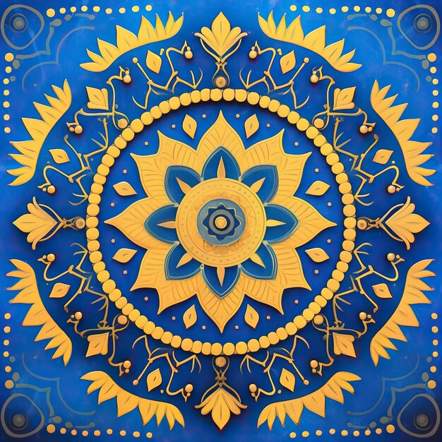 un dessin bleu et jaune avec une fleur jaune et un cercle jaune