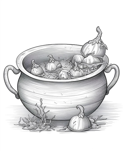 dessin d'un bol de soupe avec un tas de légumes dedans IA générative