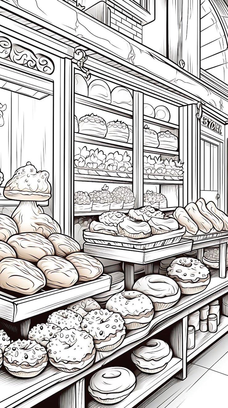Photo un dessin d'une boulangerie avec des étagères de pâtisseries et de beignets