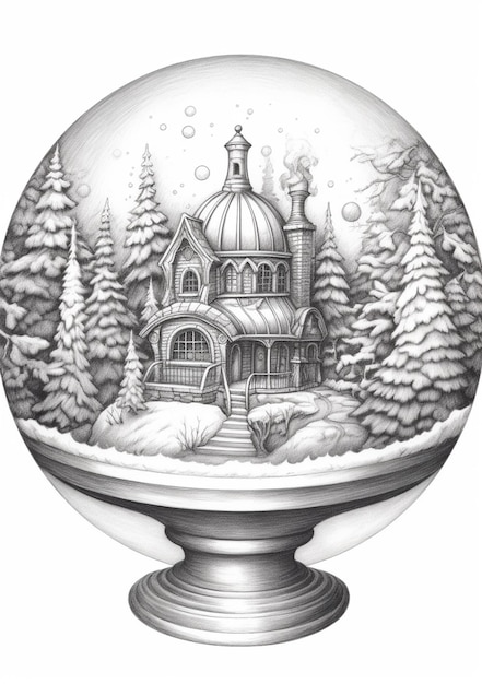 un dessin d'une boule de neige avec une maison à l'intérieur