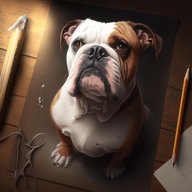 Photo un dessin d'un bouledogue est sur une table avec un crayon et des lunettes.