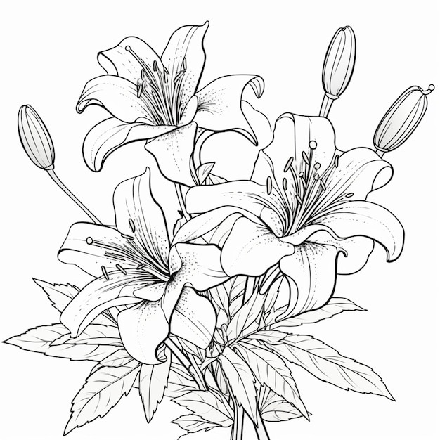 un dessin d'un bouquet de fleurs avec des feuilles ai génératif